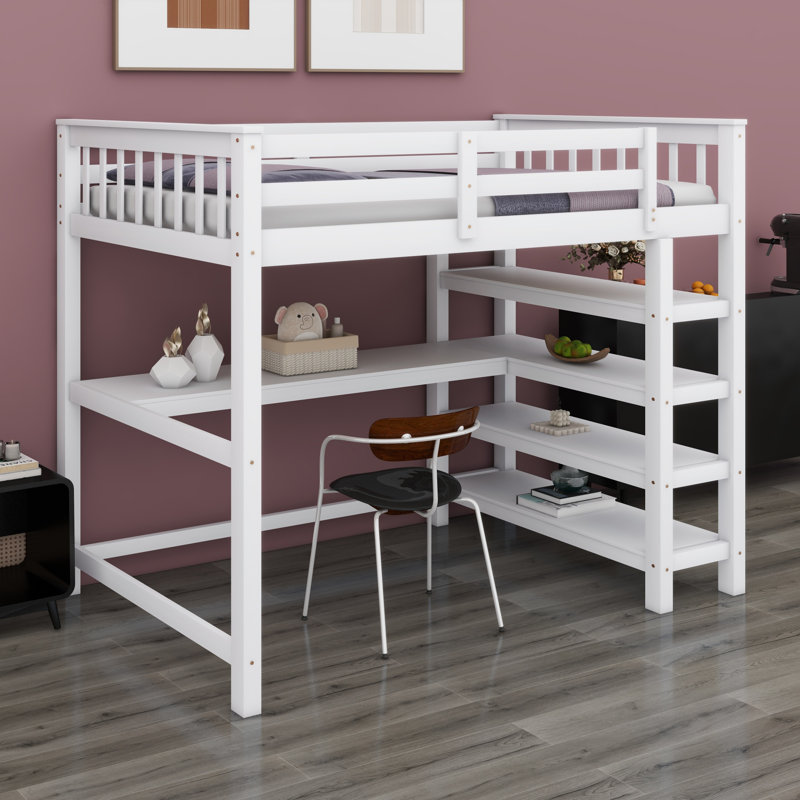 Lit mezzanine avec tablettes de rangement et bureau sous le lit, Blanc