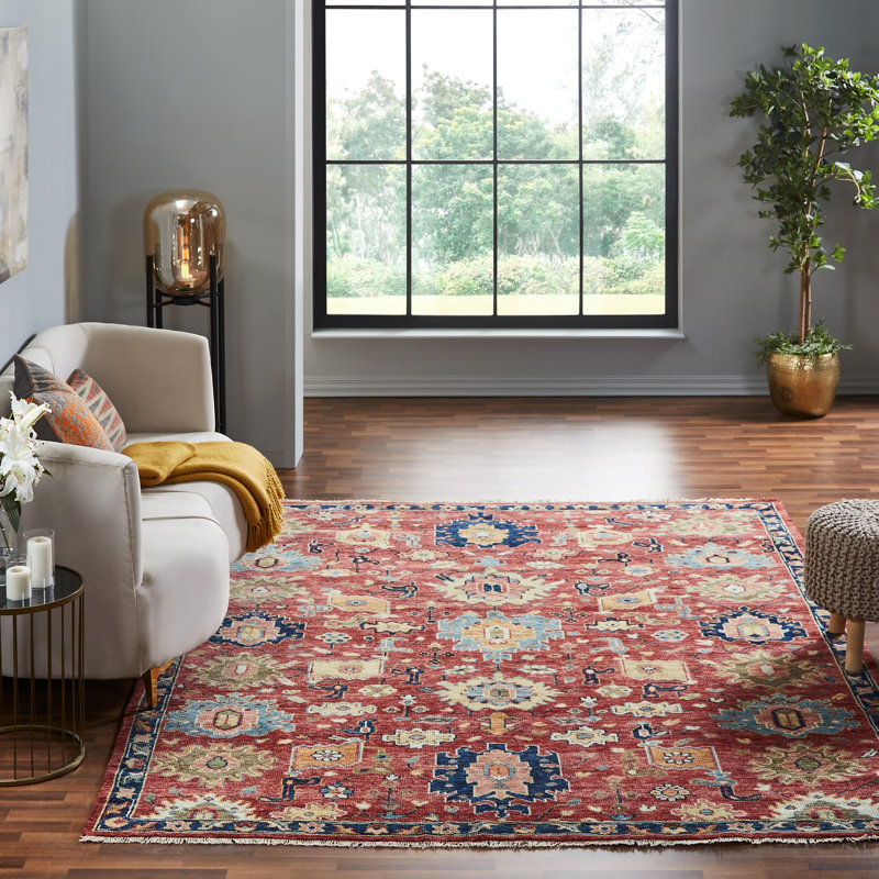 Hand Knotted Wool Area Rug in Red, Rectangle 8' x 10'