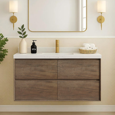 48'' Wall-Mounted Single Bathroom Vanity With Carrara White Engineered Stone Top And Square Ceramic Sink