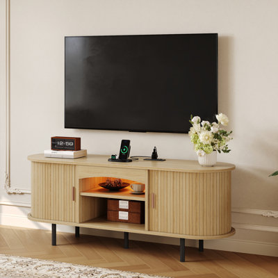 Meuble télé 55 po avec armoires de rangement, console de télévision Mid-Century moderne pour téléviseur de 65 po ou moins