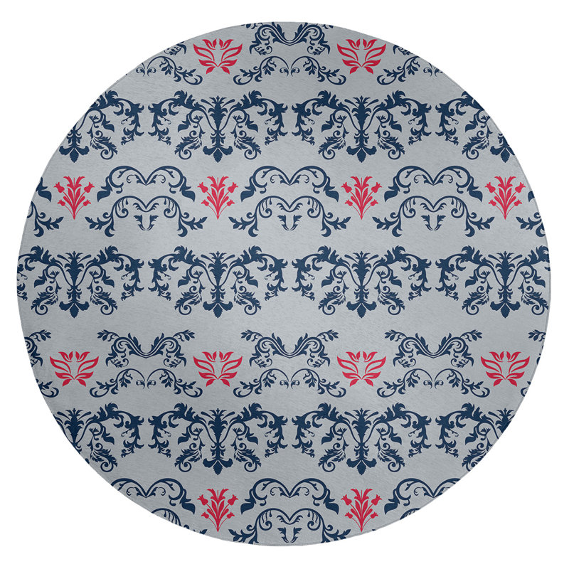 Tapis rond argenté à motif damassé baroque