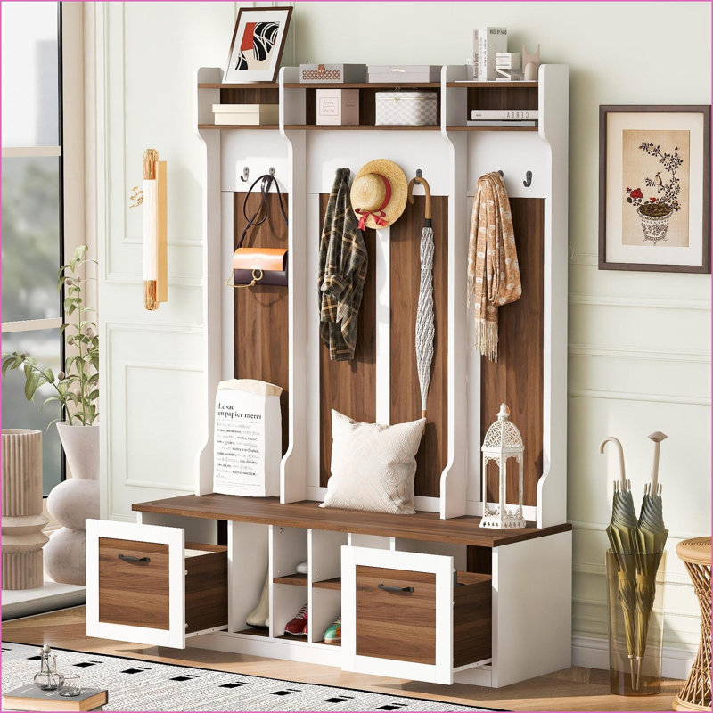 Banc de vestibule 5 en 1 avec 7 crochets, 2 tiroirs et amp; Tablettes de 58,8 po de largeur | Brun + blanc | Panneau de fibres à densité moyenne