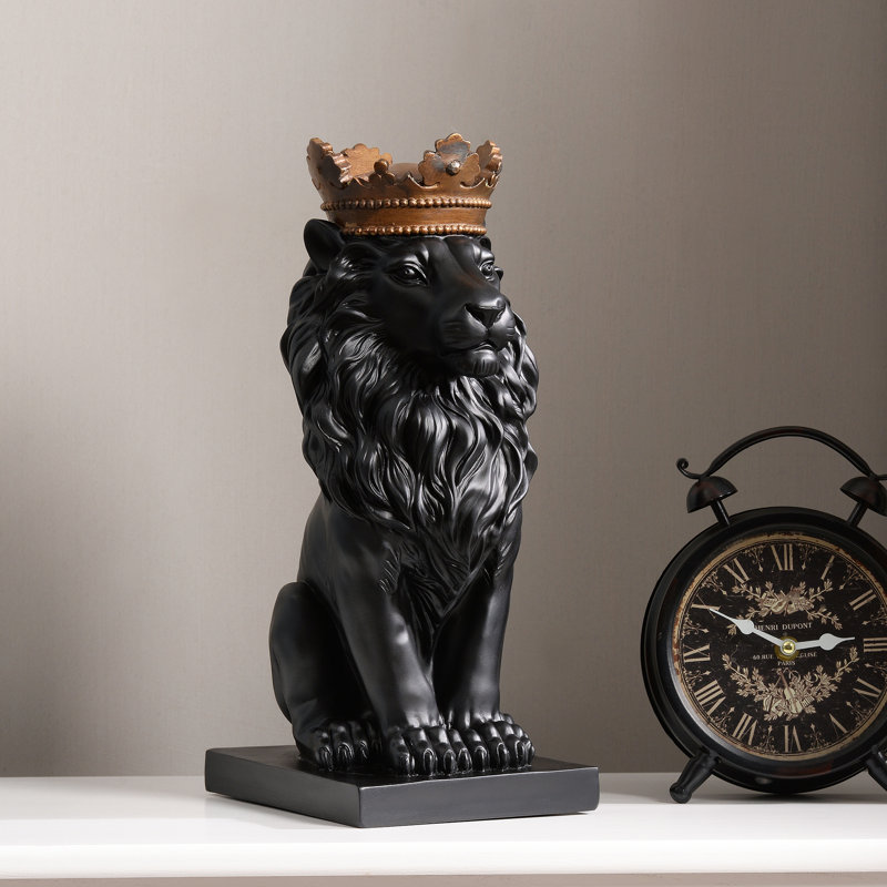14.5" H Sitting Lion W/Crown Bronze Colour Resin Statue Home Decor Living Room Display, Black/Gold