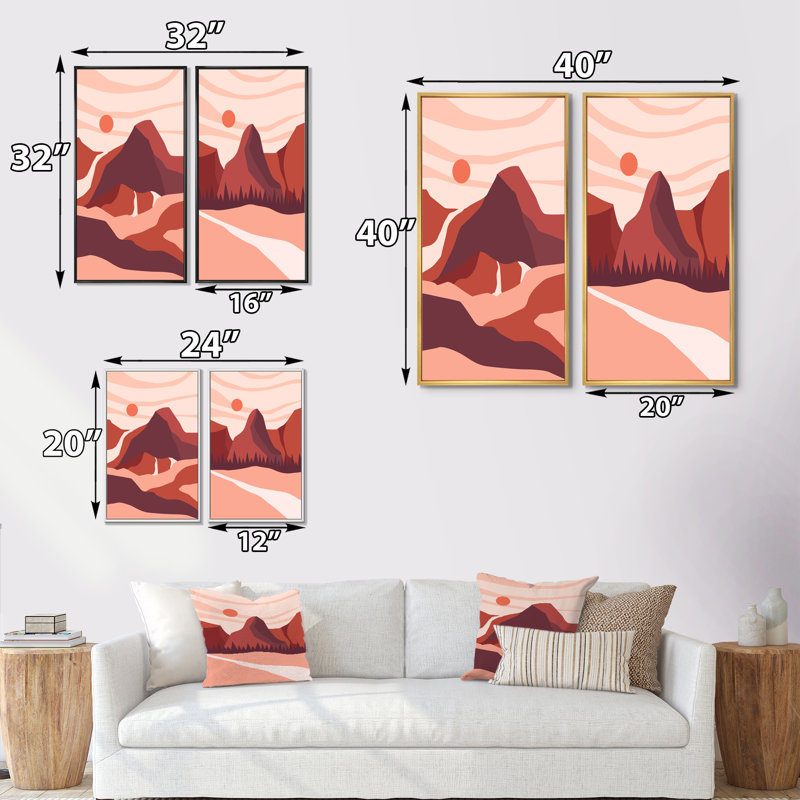 Paysage abstrait dans des tons de rouge et de rose II - ensemble de 2 impressions, H 40 po x l 40 po x P 1,5 po, Cadre noir