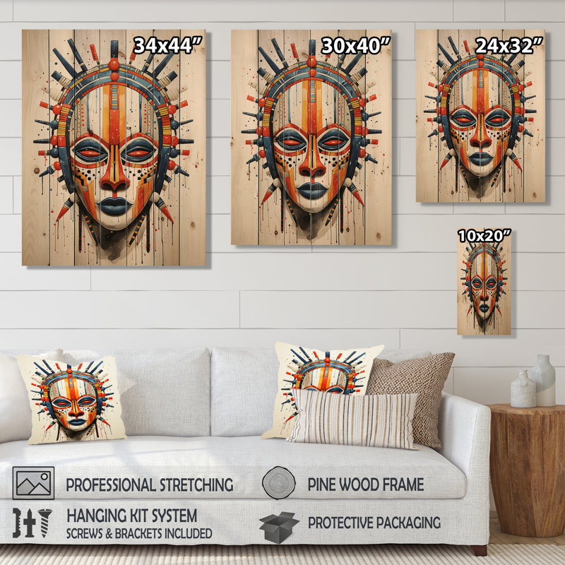 Masque de tribu africain Masai - imprimé tribal africain sur bois de pin naturel, H 32 po x l 24 po x P 0,78 po