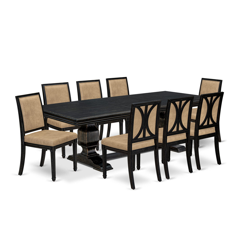 L'ensemble de table de salle à manger 9 pièces se compose d'une table de salle à manger et de 8 chaises de cuisine en cuir de polyuréthane beige avec dossier haut - finition sablée