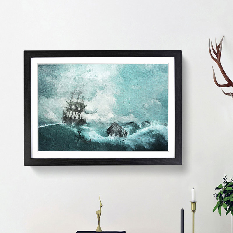 Pirate Ship Sailing Upon a Stormy Sea - Picture Frame Painting Print, 27cm H x 36cm W x 2cm D, Black Framed