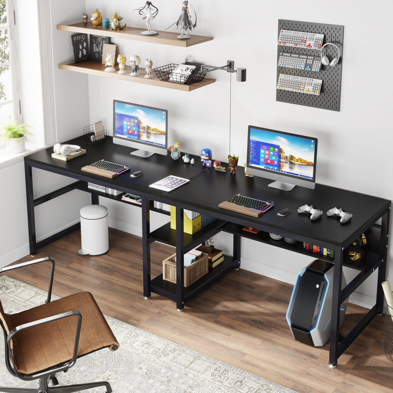 Black Double Workstation Desk with Shelves for Two