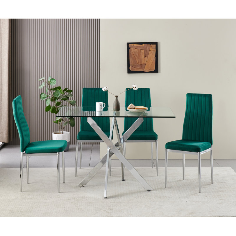 Rexel Dining Table with 4 Monza Velvet Chairs, Green