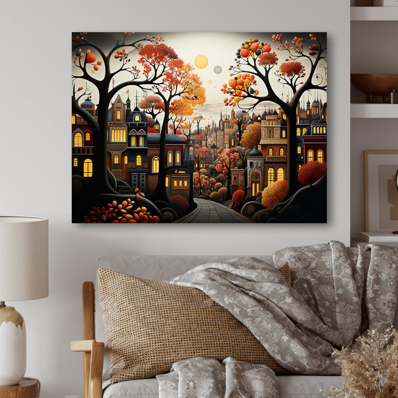 Cozy village in Autumn Moonlit I - Art mural en métal City Art Deco, H 12 po x l 20 po x P 1 po
