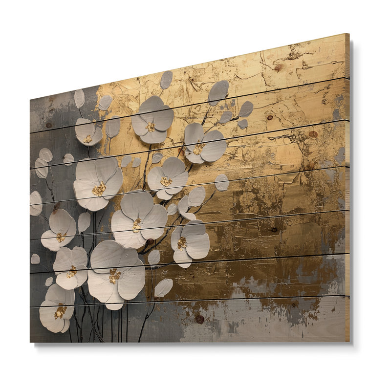 White And Gold Wildflowers Pure Form Of Marble III - Poppy Wood Wall Decor - On Natural Pine Wood, 24" H x 32" W x 0.78" D
