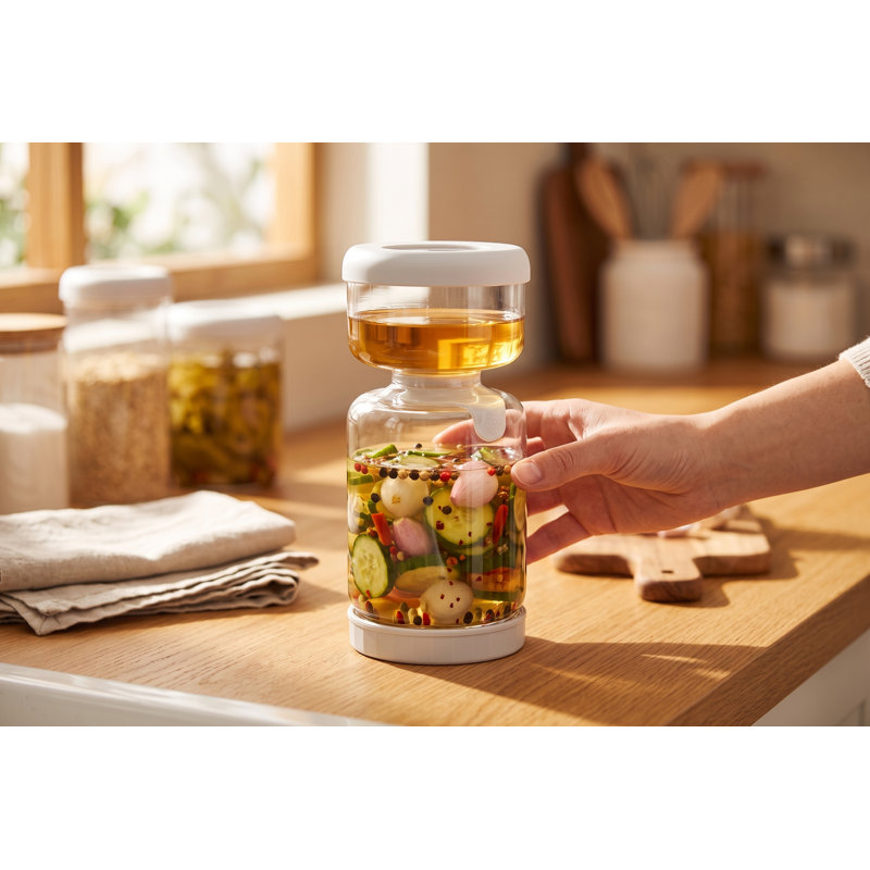 Pot 350 ml avec crépine, crépine, sablier olive, verre borosilicaté hermétique Vitina pour jalapénos et kimchi