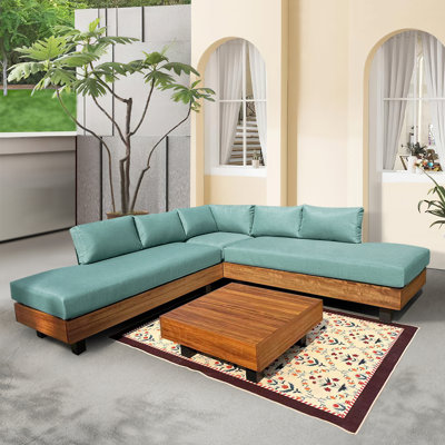 Ensemble de canapé modulaire 4 pièces en teck avec coussins et table basse