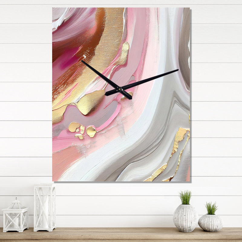 Horloge murale abstraite en marbre rose et doré IV, H 28 po x l 12 po x P 1 po