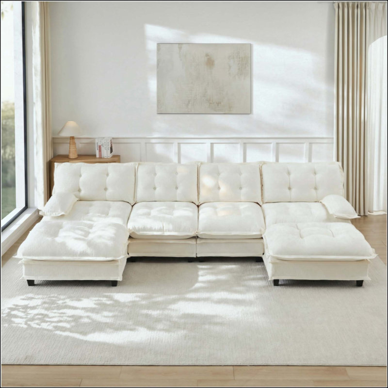 Canapé modulaire en U modulaire en U avec 2 repose-pieds, canapé 4 places en chenille profonde avec coussin en treillis confortable, chambre et appartement