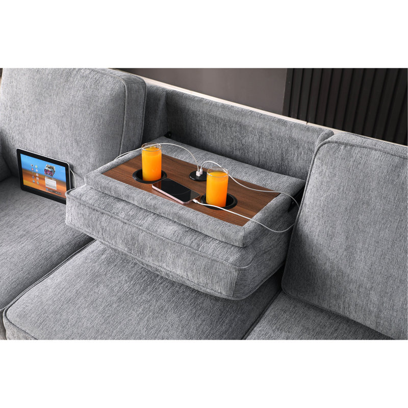 Canapé-lit modulaire réversible en chenille avec méridienne de rangement, table rabattable, porte-gobelets et ports de chargement