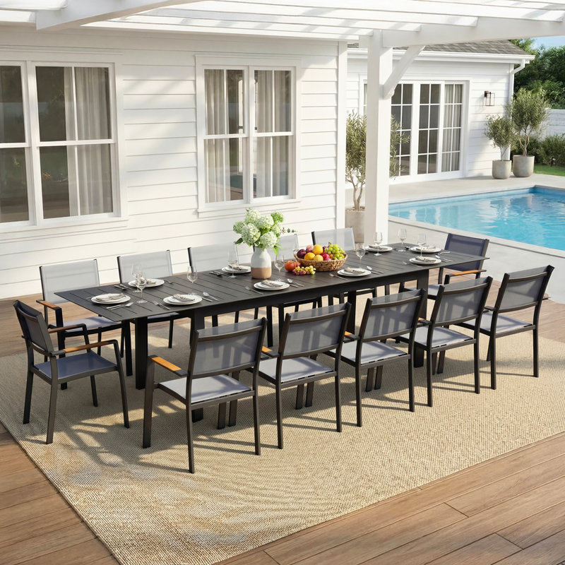 12-Person All-Aluminum Patio Dining Set with Extandable Rectangular Table