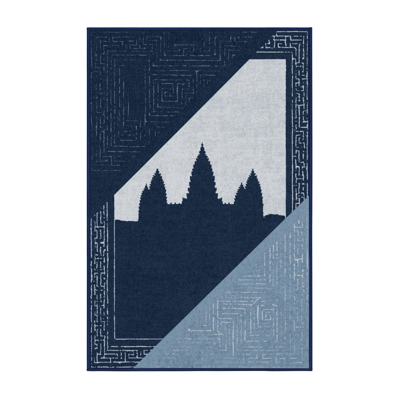 Soft Plush Fairborn Angkor Wat Cambodia Global Inspired Block Print Area Rug in Gray – Navy Binding, 2x3