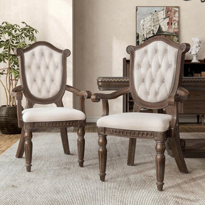 Ensemble de 2 fauteuils de salle à manger rembourrés avec dossier capitonné à losanges en chêne patiné et beige