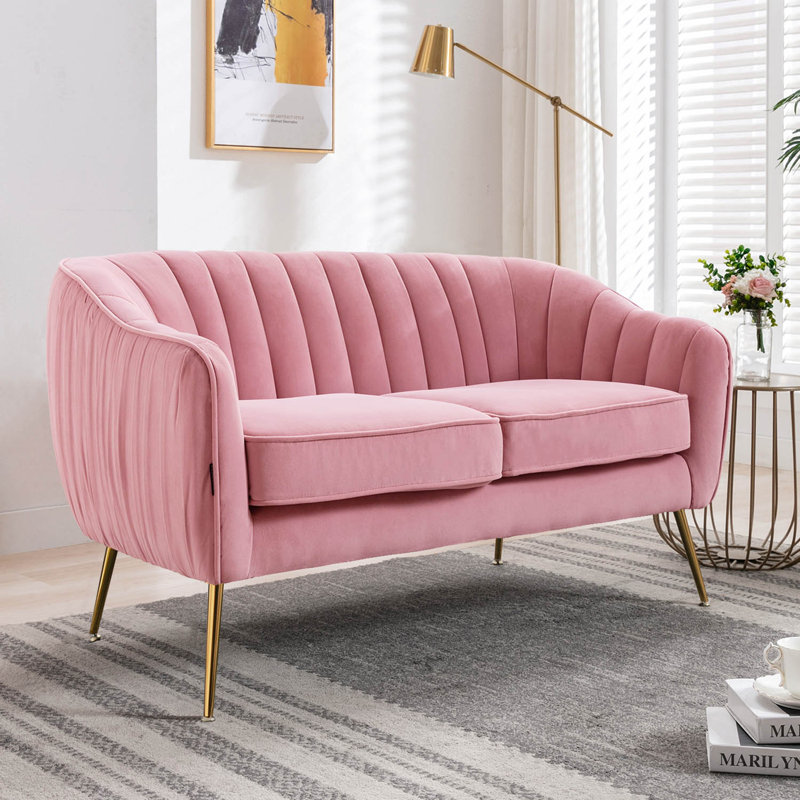 Velvet Sofa Couch With Gold Finished Legs, Pink