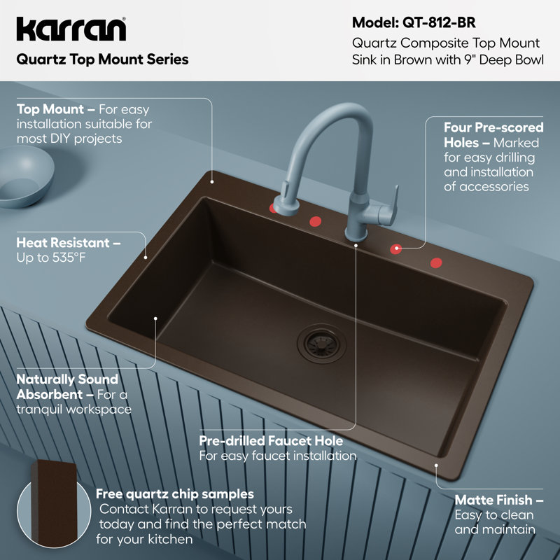 Karran Quartz 33'' X 22'' Large Single Bowl Drop-in Kitchen Sink, Brown