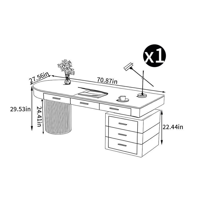 Bureau de style crème, Retour à droite, H 29,53 po x l 70,87 po x P 27,56 po