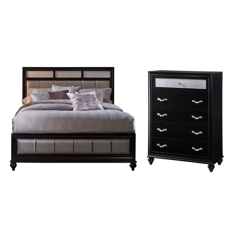 Ensemble de chambre à coucher 2 pièces avec commode Momen, Noir / gris, Grand