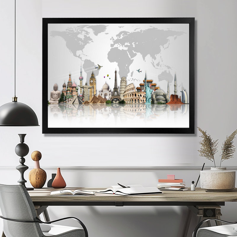 « Famous Monuments Across World », reproduction d'art graphique, H 16 po x l 32 po, Impression encadrée, Noir