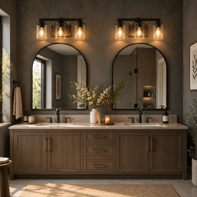 Éclairage pour meuble-lavabo campagnard à 3 lumières Ifill, Argent foncé rustique et faux bois, Trois lumières