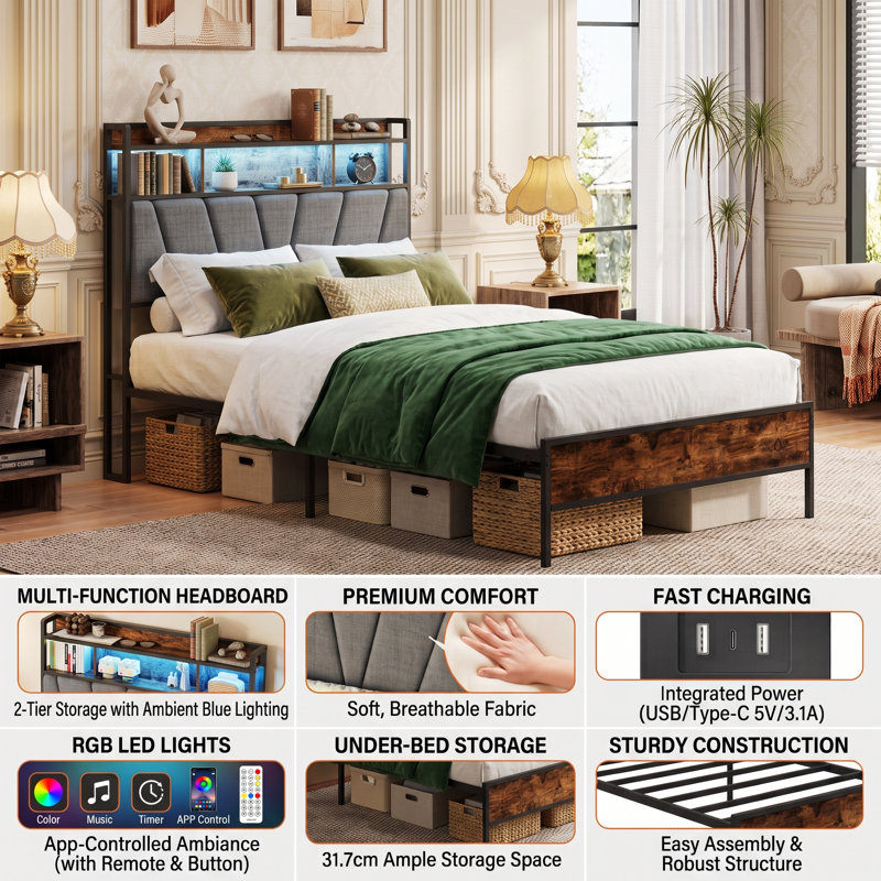 EU Sizes Metal Bed Frame with 2-Tier Storage Headboard & USB Ports, Smart Industrial Bed with App RGB LED, Rustic Brown & Grey, 90/140/160x200cm