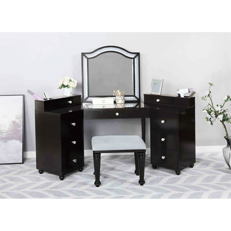 1Pc Vanity Stool , 8Mm Glass, Led Mirror, Storage Drawers, Gray Finish For Bedroom Use With Stool, Tempered