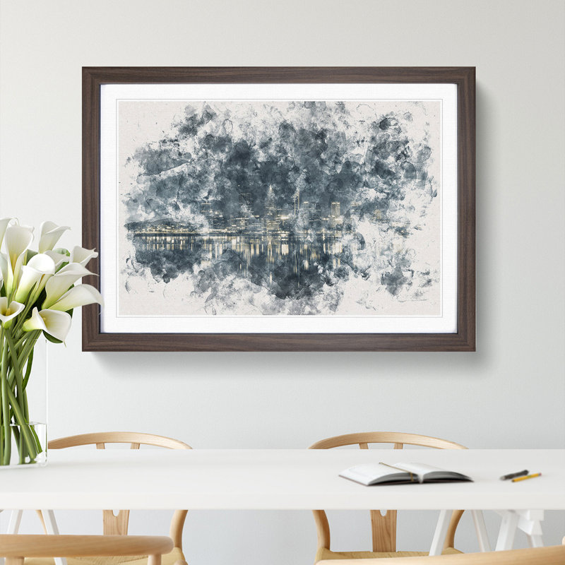 Perth City Skyline Australia at Night - Picture Frame Painting Print, 33cm H x 45cm W x 2cm D, Walnut Framed