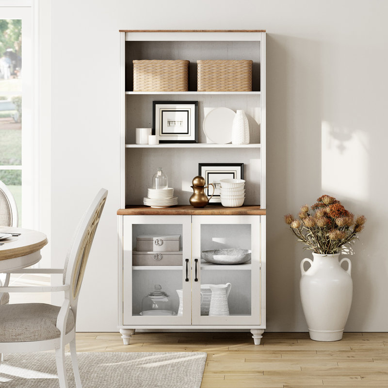 Scarlett Sideboard Cabinet With Bar Hutch, Buffet Cabinet With Glass Doors And 5 Tier Shelve, 34'', White