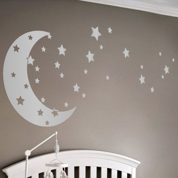Adhésif décoratif lune et étoiles, Argent, H 30 po x l 65 po x P 0,01 po