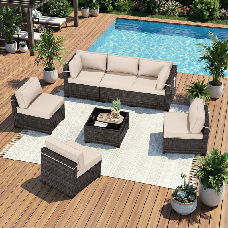 Riven 8-Person All-Weather Wicker Modular Patio Conversation Set with Thick Supportive Cushions, Beige