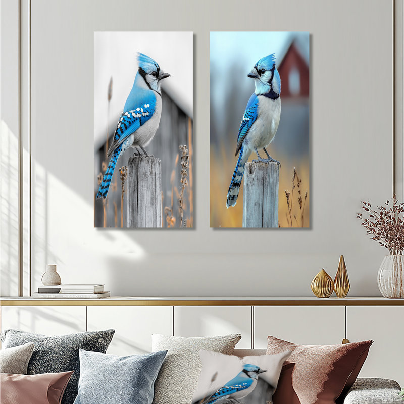Photo de geai bleu dans la cour I - Collection d'art mural 2 panneaux animaux, H 28 po x l 25 po, Toile tendue