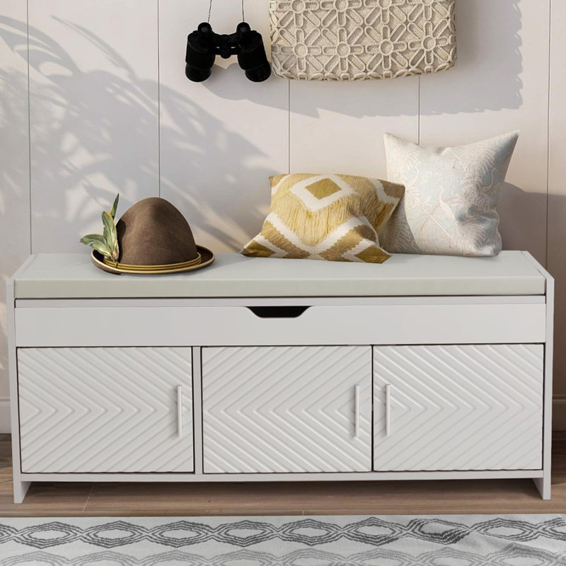 Shoe Storage Bench, Wooden Entryway Bench with Cushioned Seat, Light Gray