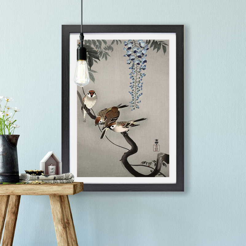 Sparrows At Wisteria by Ohara Koson - Single Picture Frame Painting, 45cm H x 63cm W x 2cm D, Black