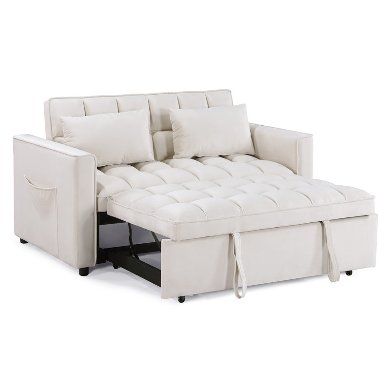 Yasirah 55" Wide Contemporary Solid Color Velvet Tufted Back Twin Sofa Beds with Pocket Storage, Beige Velvet