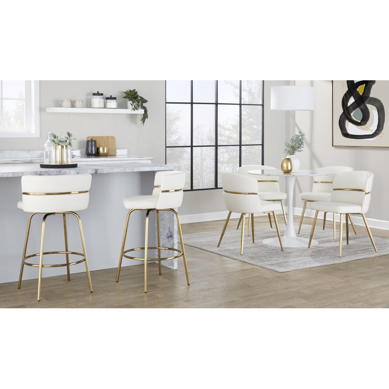 Sone 26" Faux Leather Fixed-Height Counter Stools with Round Footrest, White Faux Leather/Gold Frame