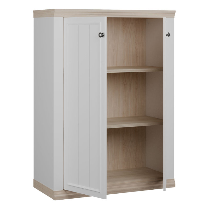 Modern Cottage Style Cabinet Unit, Double Doors, Enginered Wood, White/Light Oak Decor, 92.9 cm W x 127.4 cm H x 43.5 cm D