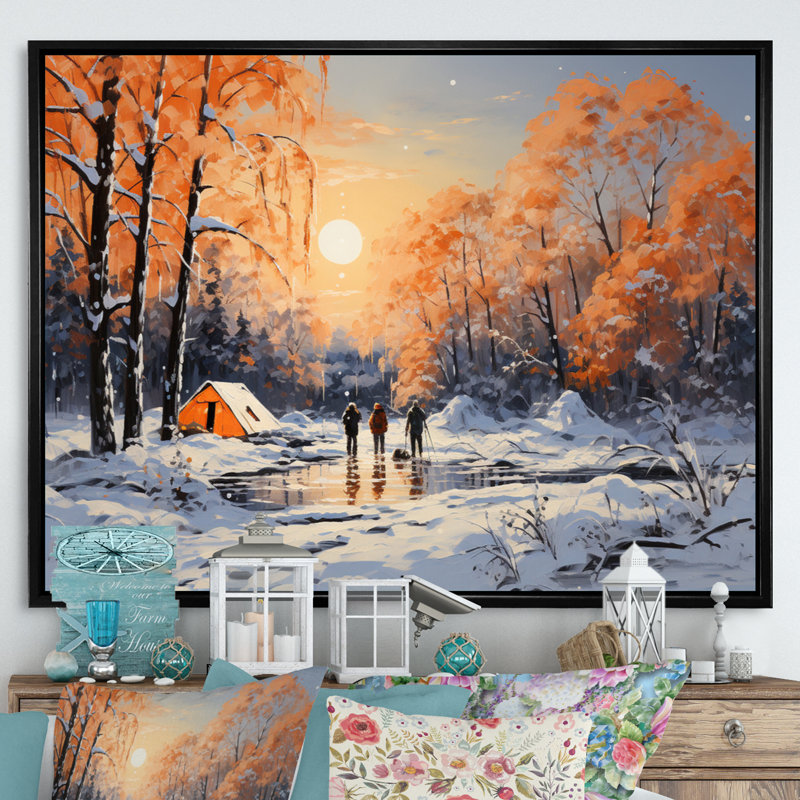 Winters Camping Glow II - paysages, impressions d'art mural, H 12 po x l 20 po x P 1 po, Cadre flottant noir