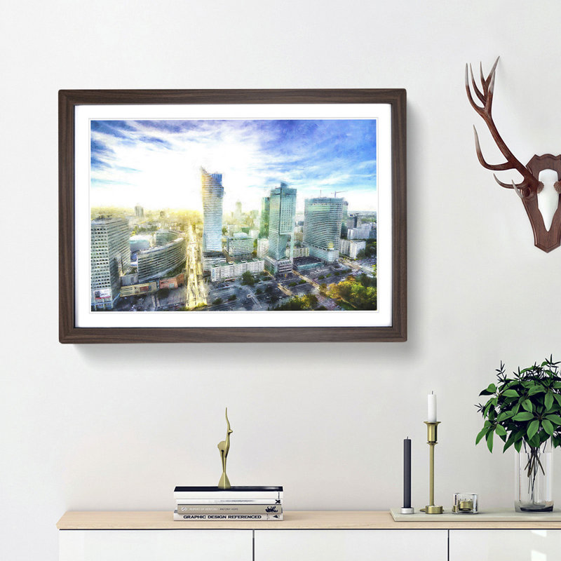 Skyline of Warsaw in Poland - Picture Frame Painting Print, 45cm H x 63cm W x 2cm D, Walnut Framed