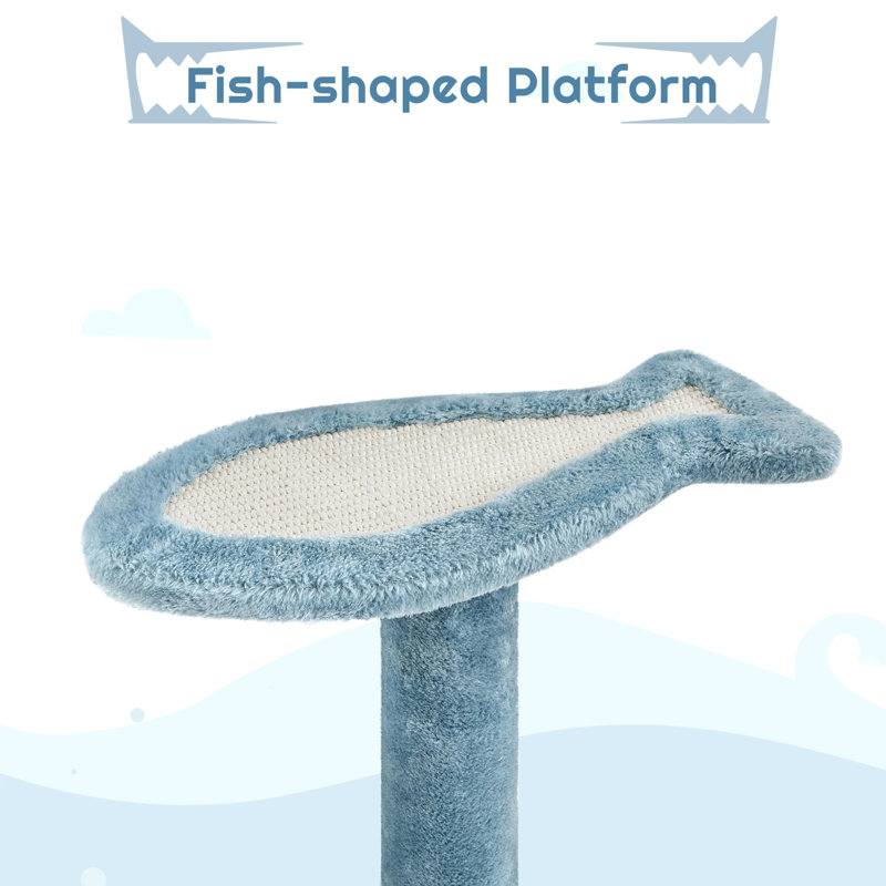 Ocean-Themed Blue and White Multi-Level Cat Tree Tower with Shark Bed