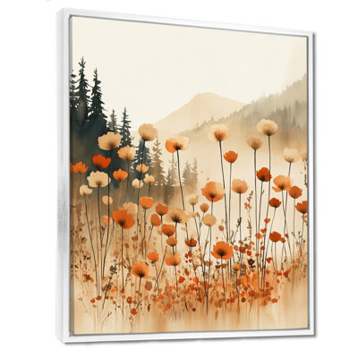 Art mural fleurs sauvages, décor floral orange, cèdre