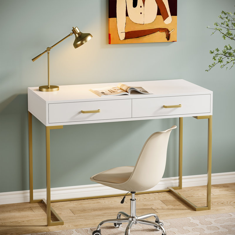 Modern Computer Desk White and Gold, Gold