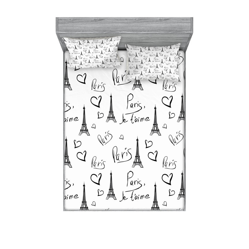 Ambesonne Paris Fitted Sheet & Pillow Sham Black White, Full Sheet Set + 5 Additional Pieces