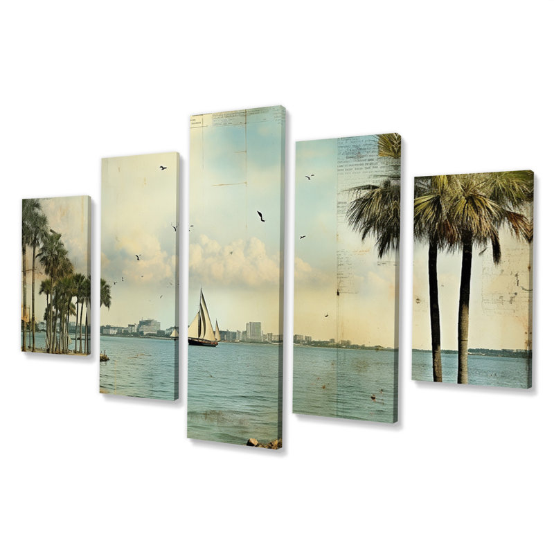 Vintage 1920 Miami Palm Trees Beachside - Florida Canvas Print - 5 Panels