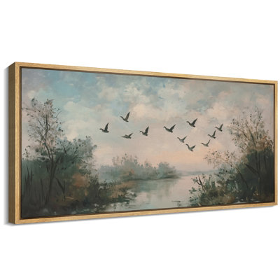 Oie sauvage volant au-dessus de la rivière, paysage rustique, photos murales, impression numérique sur toile giclée sur toile