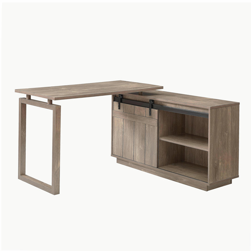 Bureau en forme de L Bureau de travail à domicile attaché crédence de rangement porte de grange coulissante finie à l'arrière réversible noisette